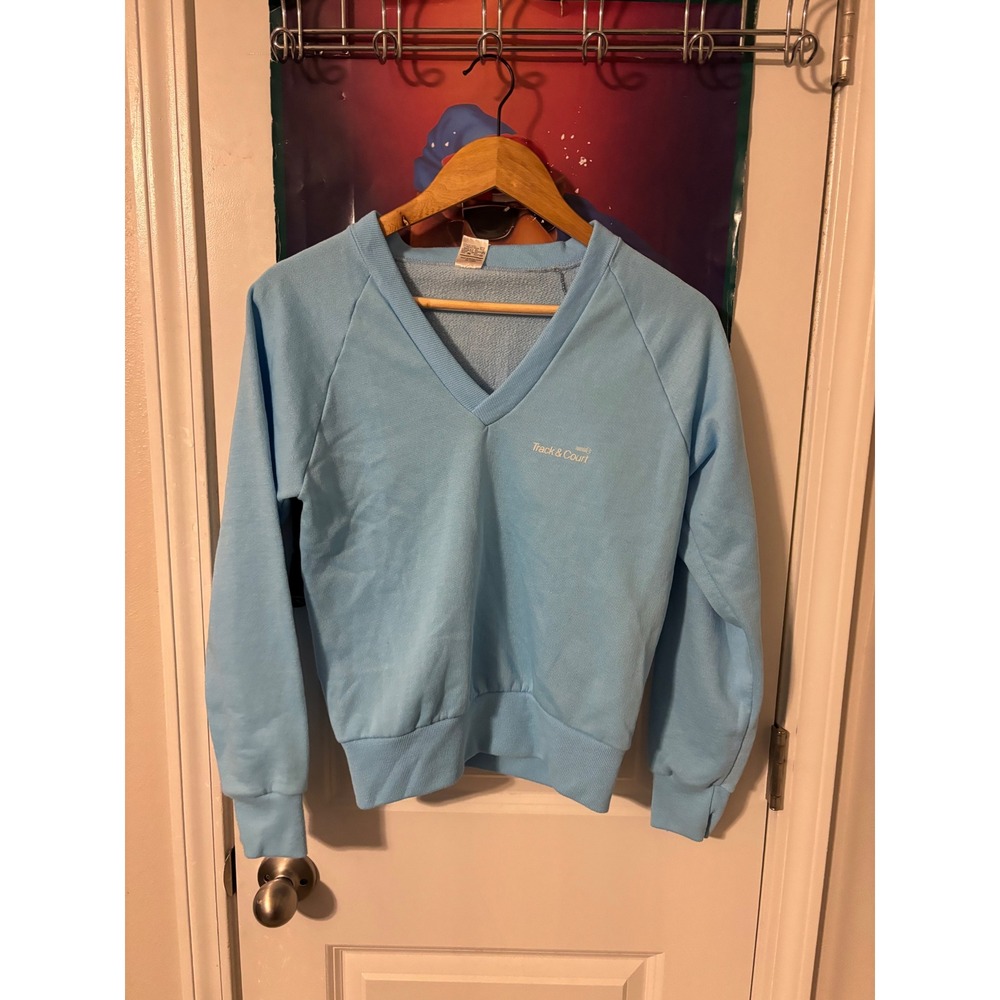 Track & Court Blue V Neck Raglan Sweatshirt 80s Men's Vintage Athletic Pullover